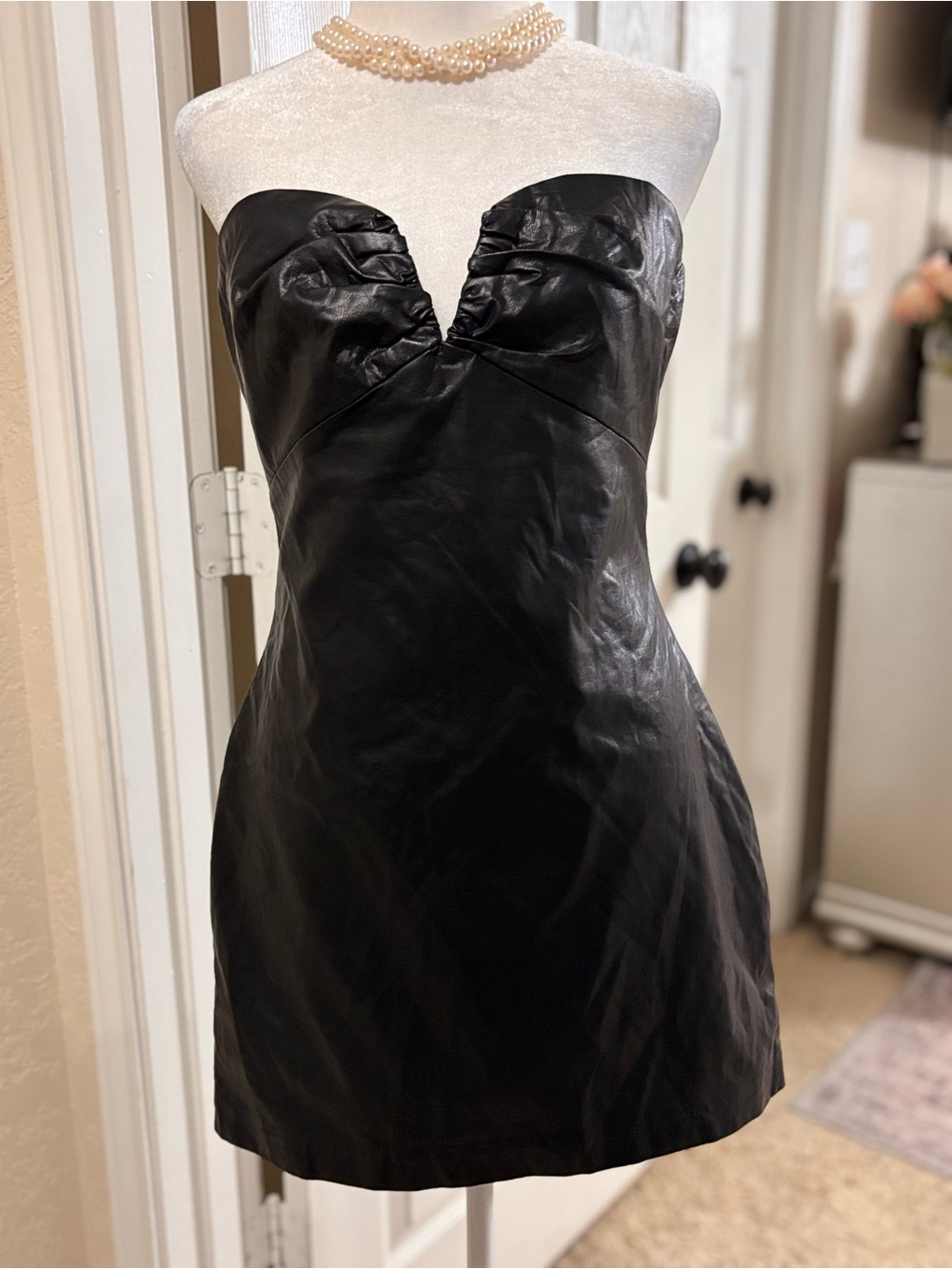 Strapless Black Faux-Leather Mini Dress